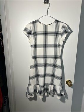 Aqua Black and White Plaid Ruffle-Hem Casual Dress